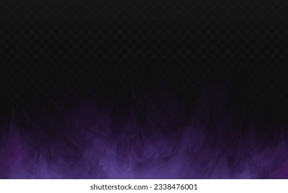 Realistic scary mystical fog in night Halloween. Purple poisonous gas, dust and smoke effect on transparent dark background.Vector illustration.