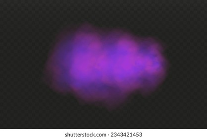 Realistic scary mystical fog in night Halloween. Purple poisonous gas, dust and smoke effect on transparent dark background.Vector illustration.