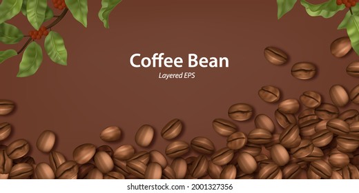 realistic scattered coffee beans with leaves from top view or flatlay. 3d vector