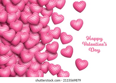 Borde vectorial de los corazones de la representación 3D rosada dispersa. Diversos Patrones De Tres Corazón Redondo Dimensional Aislado En Fondo Blanco. Símbolo de amor de corazón variado plantilla de tarjeta de San Valentín