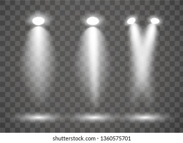 Realistic scene illuminaion on transparent background. Spotlights vector illustration. Bright lighting.