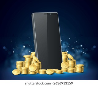 Realistic scene of smartphone and gold coins with glitters. 3D mobile device screen. Phone presentation with highlights or glow. Money stacks. Blank cellphone display. Light sparks. Vector background