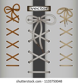 Realistic schemes of lacing shoes, corset with bow tied ends. Vector illustration set in three brown and gray colors.