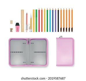 Realistic school accessories open and closed empty pencil case isolated against white background vector illustration