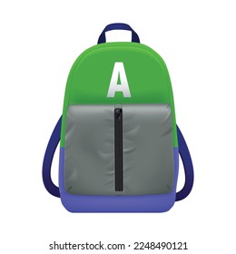 Realistic school backpack composition with isolated front view image of college bag for stationery books vector illustration