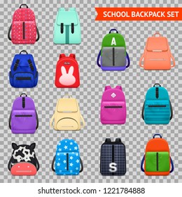 Realistic school backpack set on transparent background with isolated images of children bags of different colour vector illustration