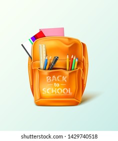 Realistic school bag with stationery. Back to school ad poster template. Orange college students backpack. Vector equipment with pencils and pen.