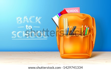 Realistic school bag with stationery. Back to school ad poster template. Orange college students backpack. Vector equipment with pencils and pen.