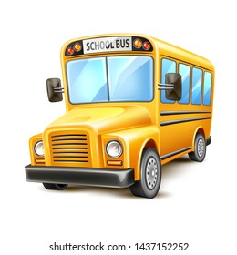 Realistic school bus. Back to school design template. 3d yellow vehicle for education design. College car for kids. Vector usa traditional wagon