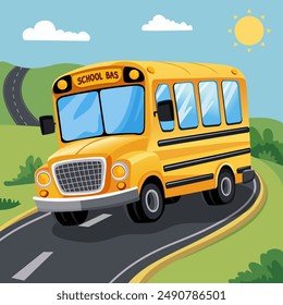 Autobús escolar realista conduciendo en la carretera. Plantilla de diseño de regreso a la escuela. Autobús amarillo para niños. ILUSTRACIÓN VECTORIAL . Aislado.