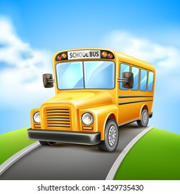 Realistic school bus on blue sky background. Back to school design template. 3d yellow vehicle for education design. College car for kids. Vector usa traditional wagon