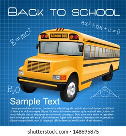 Realistic school bus on blue checkered background with inscriptions