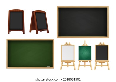 Realistic school chalkboard. Outdoor restaurant blackboard, wooden easels with different surfaces. Empty cafe texting desk, classroom retro 3d vector accessories