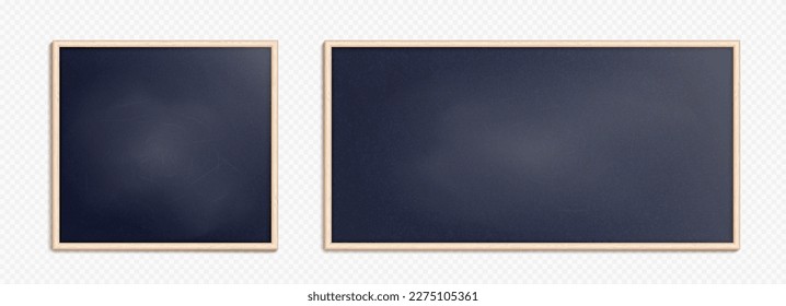 Realistic school chalkboard set with wooden frame in vector. Blank isolated classroom blackboard clipart illustration. Slate texture for cafe menu drawing. Empty real wall surface for education.