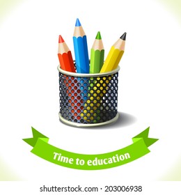 Realistic school colored pencils icon with ribbon banner isolated on white background vector illustration