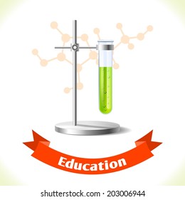 Realistic school education test tube icon with ribbon banner isolated on white background vector illustration