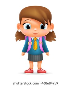 Realistic School Girl Child Cartoon Education Character Icon Design Isolated Vector Illustrator