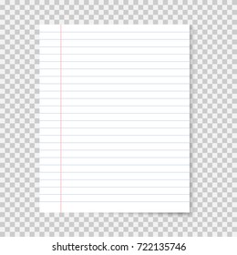 Realistic school notebook paper. Lined sheet. Vector illustration