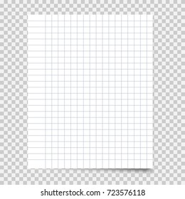 Realistic school notebook paper with shadow. Squared sheet. Vector illustration on transparent background.