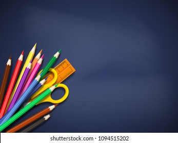 Realistic school supplies on blackboard background. Back to school template with place for text. Vector illustration.