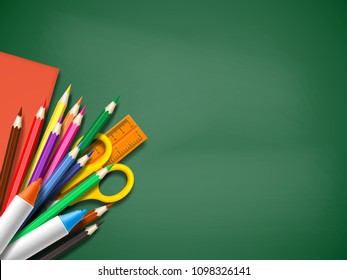 Realistic school supplies on blackboard background. Back to school template with place for text, vector illustration.