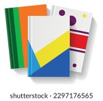 Realistic school supply. Office stationery. Closed notepads with bright abstract covers. Planner copybooks. Paper organizer. 3D diary pocketbook. Hardcover books. Vector