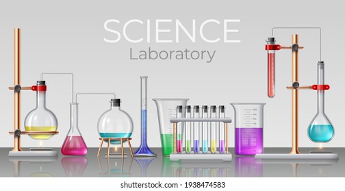 Laboratorio de ciencia realista. Vidrieras químicas de laboratorio, panaderos, tubos de ensayo, frascos y botellas con líquidos experimentales, concepto vectorial 3d