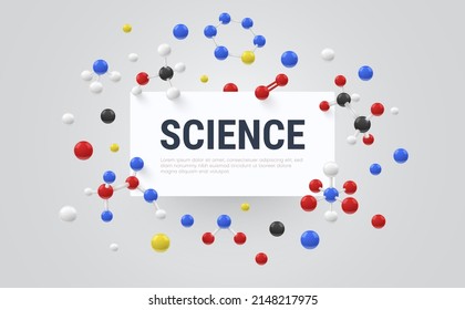 Realistic science and technology banner with rectangle frame vector illustration. Modern geometric molecules 3d atom model education laboratory advertising with place for text isolated
