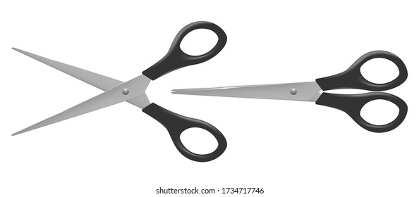 Realistic Scissor. Open And Closed Black Scissors Mockup. Detailed Vector Illustration Isolated On White Background.