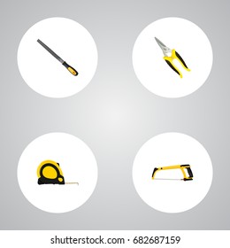 Realistic Scissors, Arm-Saw, Sharpener And Other Vector Elements. Set Of Tools Realistic Symbols Also Includes Saw, Appliance, Scissors Objects.
