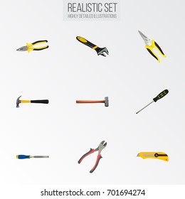 Realistic Scissors, Carpenter, Forceps And Other Vector Elements. Set Of Instruments Realistic Symbols Also Includes Spanner, Cutter, Carpenter Objects.