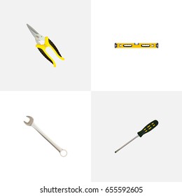 Realistic Scissors, Carpenter, Plumb Ruler And Other Vector Elements. Set Of Instruments Realistic Symbols Also Includes Clippers, Wrench, Carpenter Objects.