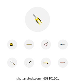 Realistic Scissors, Chisel, Plumb Ruler And Other Vector Elements. Set Of Instruments Realistic Symbols Also Includes Emery, Level, Tool Objects.