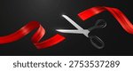 Realistic scissors cutting a red ribbon for a grand opening event. Perfect for ceremonies, celebration, or a new beginning. Vector illustration.