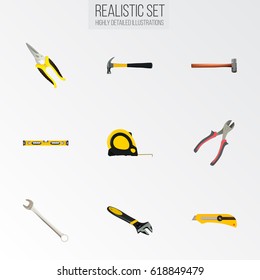 Realistic Scissors, Forceps, Spanner And Other Vector Elements. Set Of Tools Realistic Symbols Also Includes Forceps, Claw, Stationery Objects.
