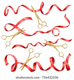 Realistic scissors grand opening set with isolated images of golden scissors and red ribbons on blank background vector illustration