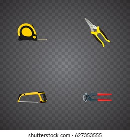 Realistic Scissors, Length Roulette, Arm-Saw And Other Vector Elements. Set Of Kit Realistic Symbols Also Includes Scissors, Tape, Tongs Objects.