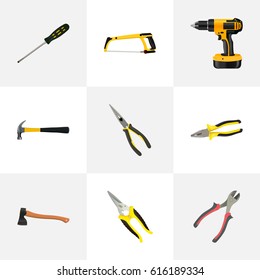 Realistic Scissors, Nippers, Claw And Other Vector Elements. Set Of Instruments Realistic Symbols Also Includes Saw, Arm, Tongs Objects.
