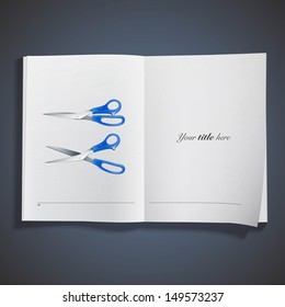 Realistic scissors printed on book. Vector design 