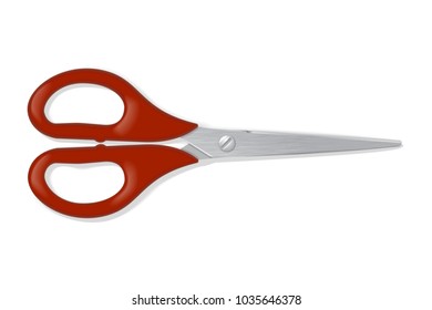 Realistic scissors with red handles with shadow on white background. Vector illustration