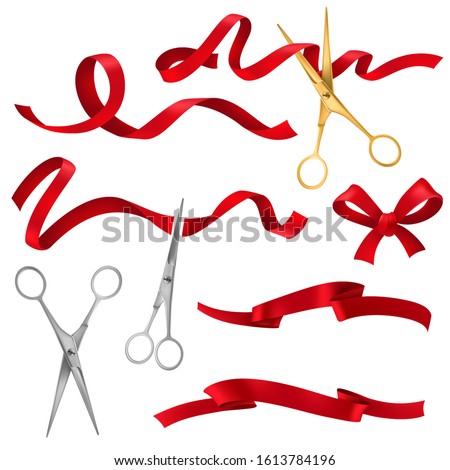 Realistic scissors and ribbons. Grand opening event public ceremony, metal scissors cut red silk ribbon, festive elements isolated vector success launch set