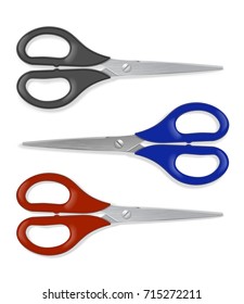 Realistic scissors ser with black, blue and red handle. Professional or hobby tool. Detailed graphic design element. Office supply, school stationery. Isolated on white background. Vector illustration