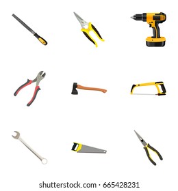 Realistic Scissors, Spanner, Nippers And Other Vector Elements. Set Of Instruments Realistic Symbols Also Includes Long, Ax, Key Objects.