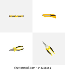 Realistic Scissors, Stationery Knife, Plumb Ruler And Other Vector Elements. Set Of Instruments Realistic Symbols Also Includes Tongs, Cutter, Stationery Objects.