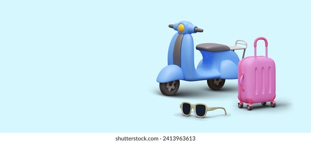 Realistic scooter without driver, suitcase, sunglasses. Concept of traveling on moped. Modern tourism. Scooter rental advertisement. Banner on blue background