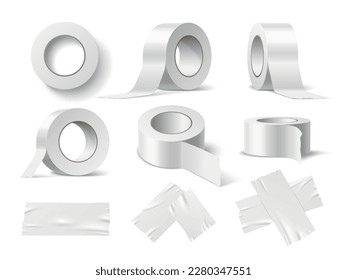 Realistic scotch tape. Sticky rolls in different angles, office stationery, painting adhesive supplies, white paper tape mockup, blank clean 3d elements, delivery packaging, utter vector set