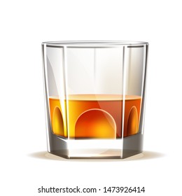 Realistic scotch wiskey glass. Vector 3d spirit drink for bar, pub design. Golden alcohol beverage, glass of brandy, cube rum. Strong drink for party design.