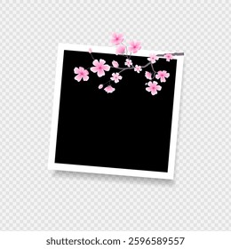 Realistic scrapbook-style photo frame mockup, complete with shadows and backdrop of sakura blossom. Spring vector art work