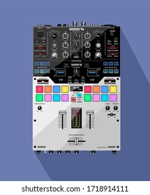 Realistic scratch DJ mixer in vector. Background for posters on the theme of nightlife. CDJ badge for online store. Remote for DJ battles. Image for printing on a t-shirt. Turntablism hip-hop theme.  