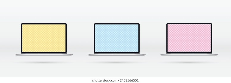 Realistic screen Mac Book mockup collection. Isolated laptop mockup with gradient screen.